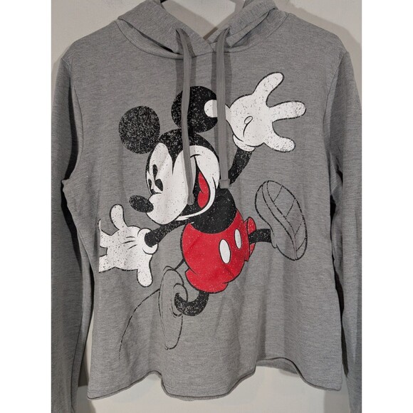 Disney Mickey Mouse Hoodie Women Sz L Gray Long Sleeve Pullover Sweatshirt - Picture 3 of 7